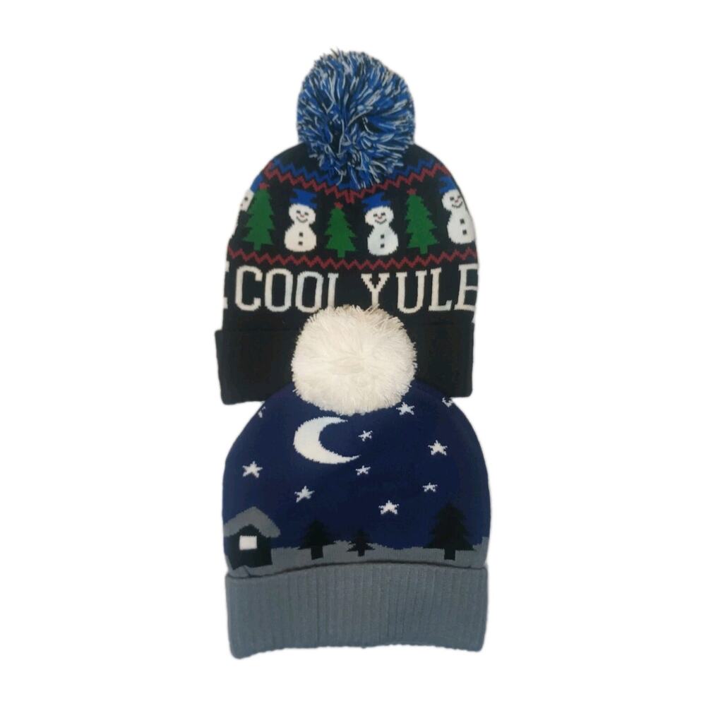 Lot Of 2 Christmas Winter Beanie Hats NWOT Snowman Stars Pom Pom One Size